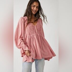 Free People Coral Smocked Blouse